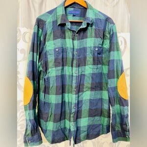 Aeropostale Mens Flannel Shirt Blue Green Plaid Elbow Pads Fall Highlander Sz XL